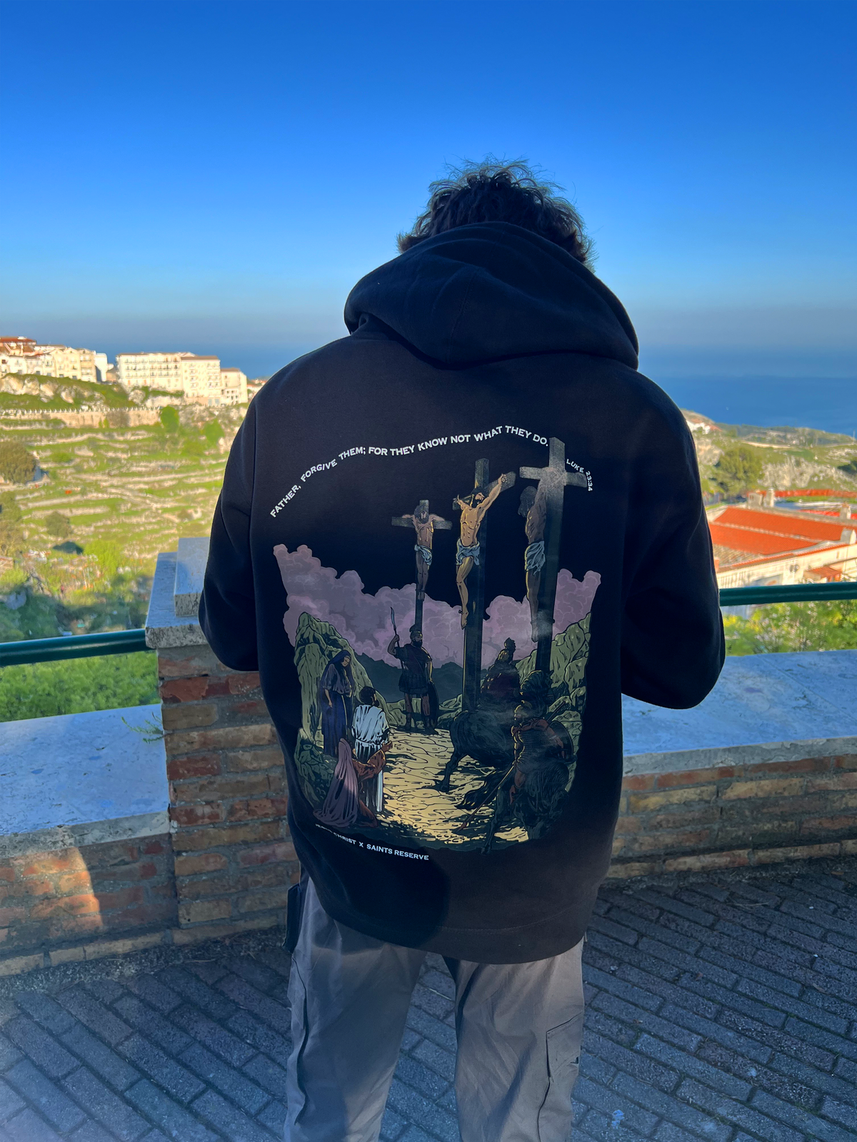 The Good Friday sweatshirt above the coast